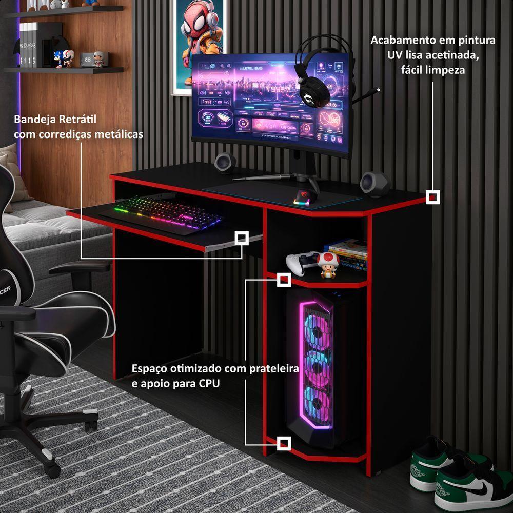 Mesa Escrivaninha Gamer Computador Notebook Estudo Trabalho 90 Preto Vermelho - 7