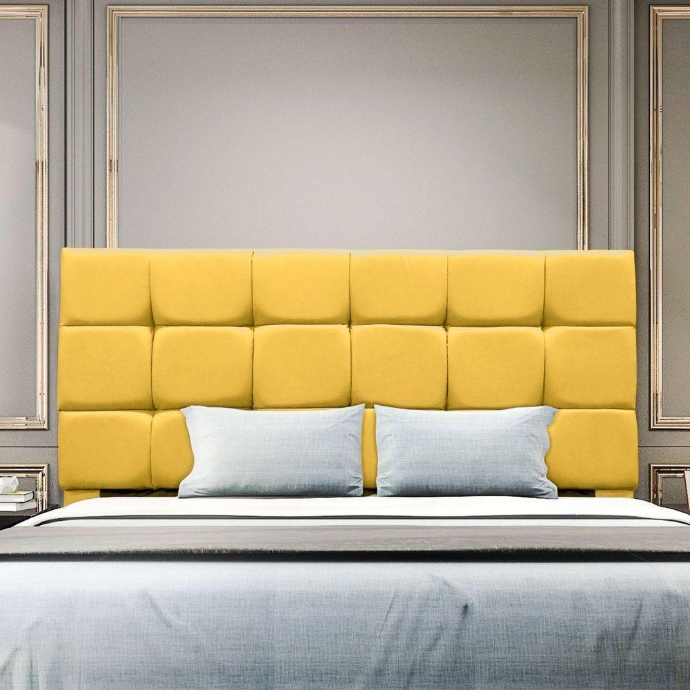 Cabeceira Cama De Casal 140 Cm Estofada Alana Em Suede Com Frame Amarelo - 1