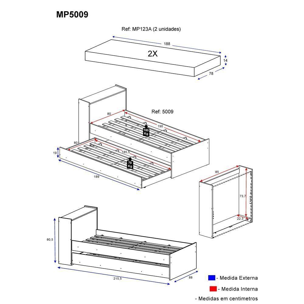 Bicama Solteiro com Colchão Incluso e Baú Embutido Branco - 4