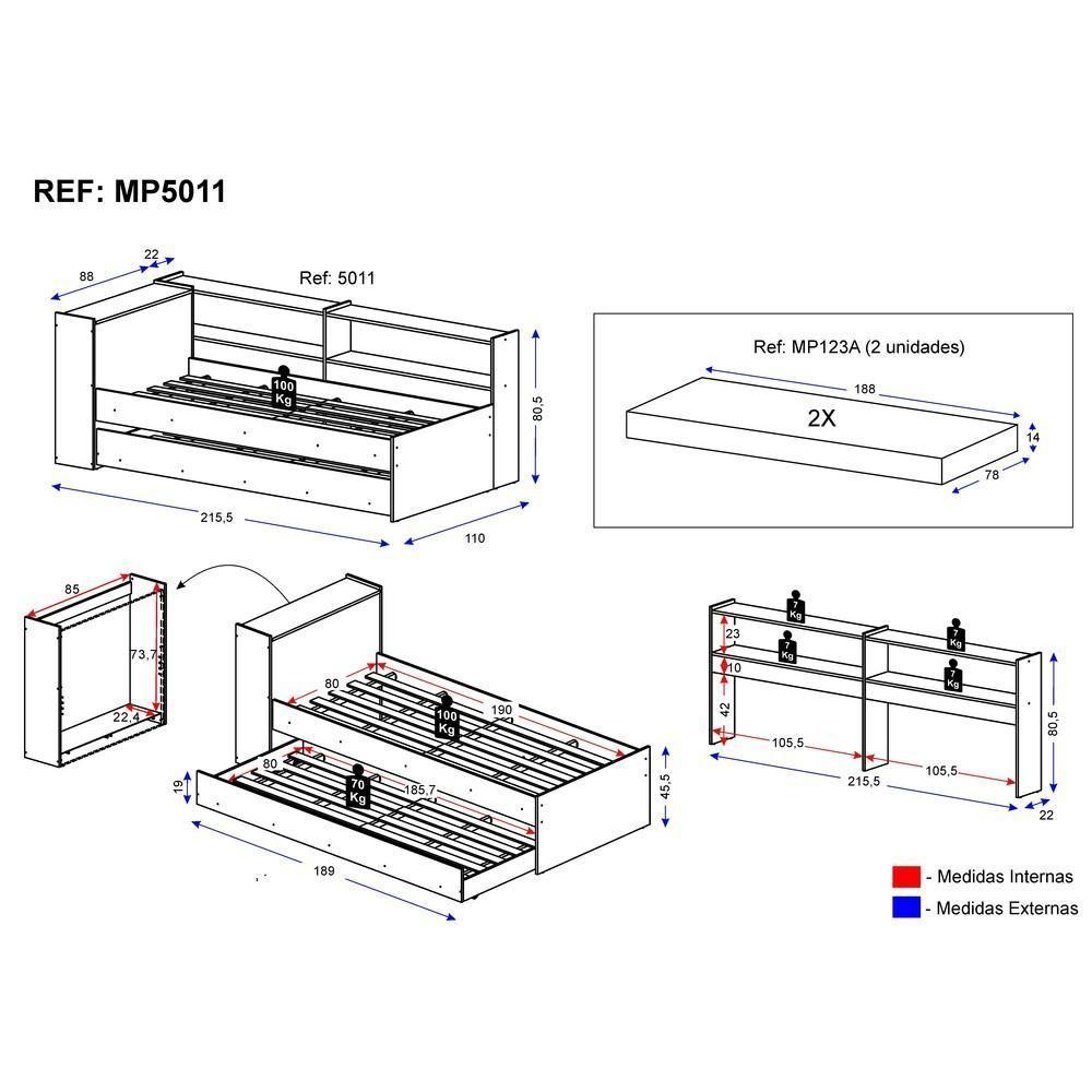 Bicama com Colchão Prateleira Lateral e Baú Embutido Branco - 6