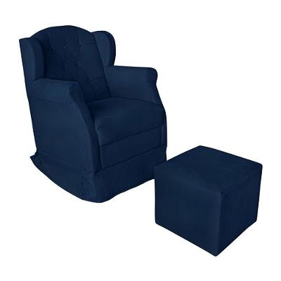 Poltrona Amamentação Com Balanço E Puff Luxo Suede Manuela Azul Marinho