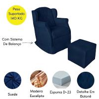 Poltrona Amamentação Com Balanço E Puff Luxo Suede Manuela Azul Marinho