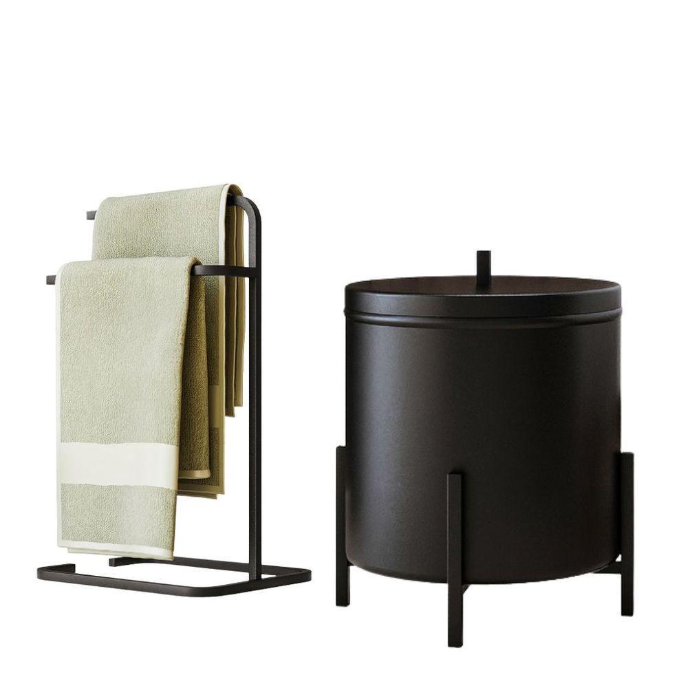 Kit Porta Toalha Duplo E Lixeira Para Banheiro Level Preto - 1