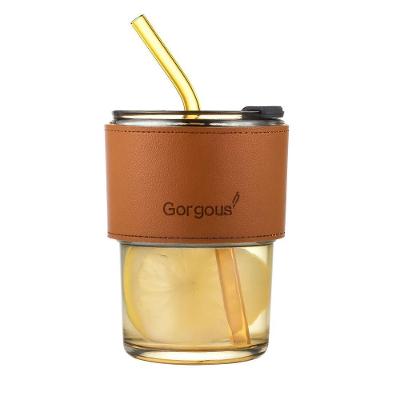 Copo De Vidro Com Tampa Hermética 450ml E Canudo Reutilizável – Design Moderno, Antivazamento E Sustentável- Marrom