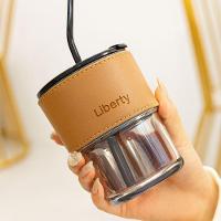 Copo De Vidro Com Tampa Hermética 450ml E Canudo Reutilizável – Design Moderno, Antivazamento E Sustentável- Marrom - 3