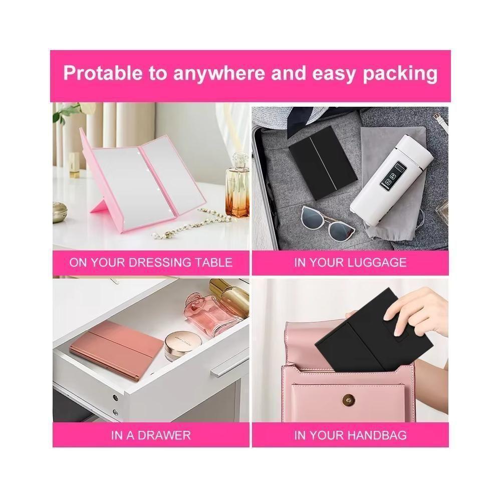 Espelho Led Bolsa Triplo Maquiagem Aumento Dobravel Portatil Iluminacao Mesa Bancada Viagem Camarim - 3