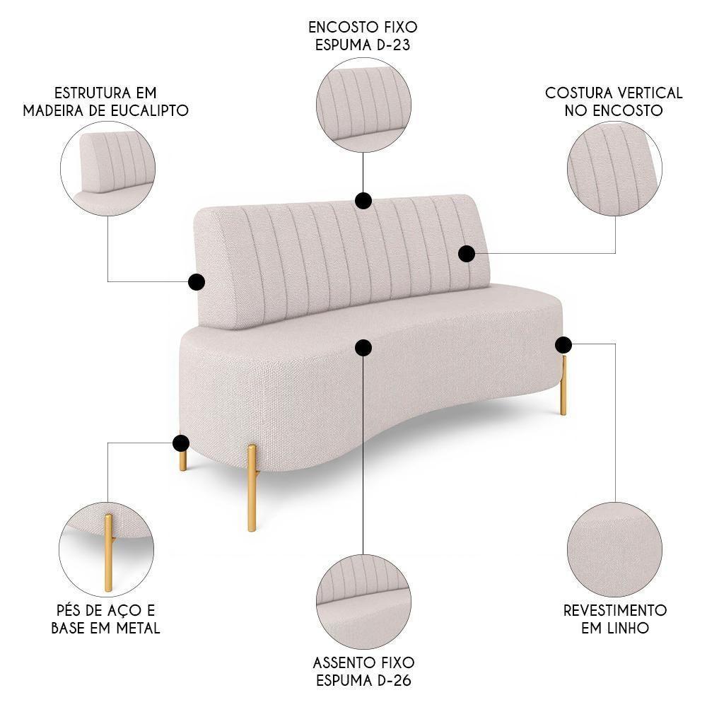 Sofá 2 Lugares 160cm Pés Aço Dourado Tamar Linho Bege Z08 - Mpozenato - 3