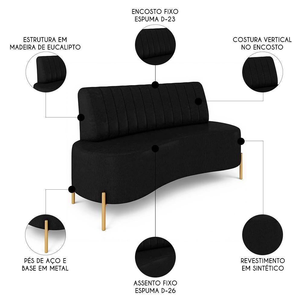 Sofá 2 Lugares 160cm Pés Aço Dourado Tamar Sintético Preto Z08 - Mpozenato - 3