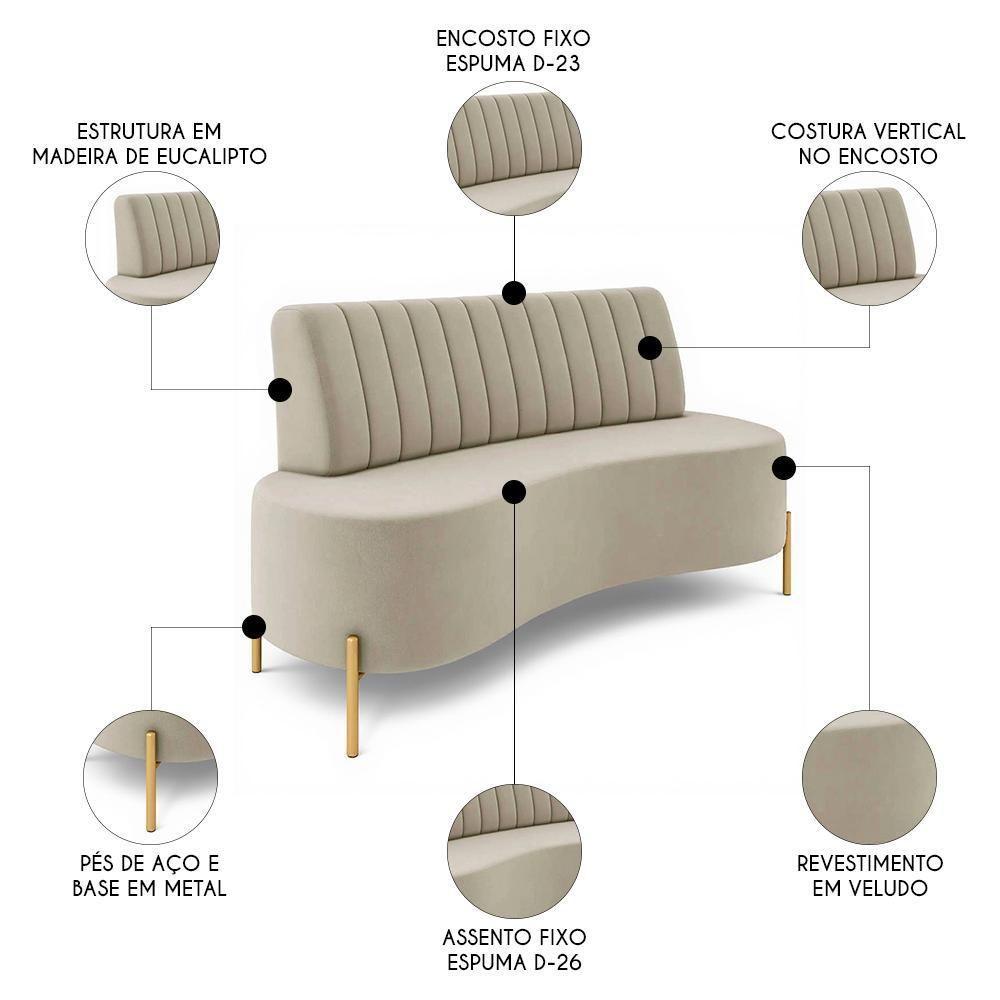 Sofá 2 Lugares 135cm Pés Aço Dourado Tamar Veludo Bege Z08 - Mpozenato - 6