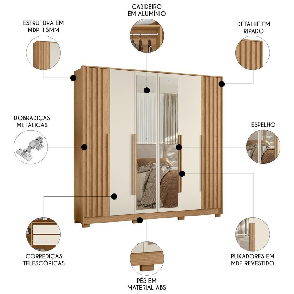 Guarda Roupa Casal 237cm Com Espelho Vinna A02 Off/freijó - Mpozenato - 3