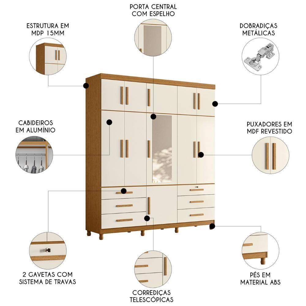 Guarda Roupa Casal 201cm 11 Portas Thony A02 Off/cinamomo - Mpozenato - 3
