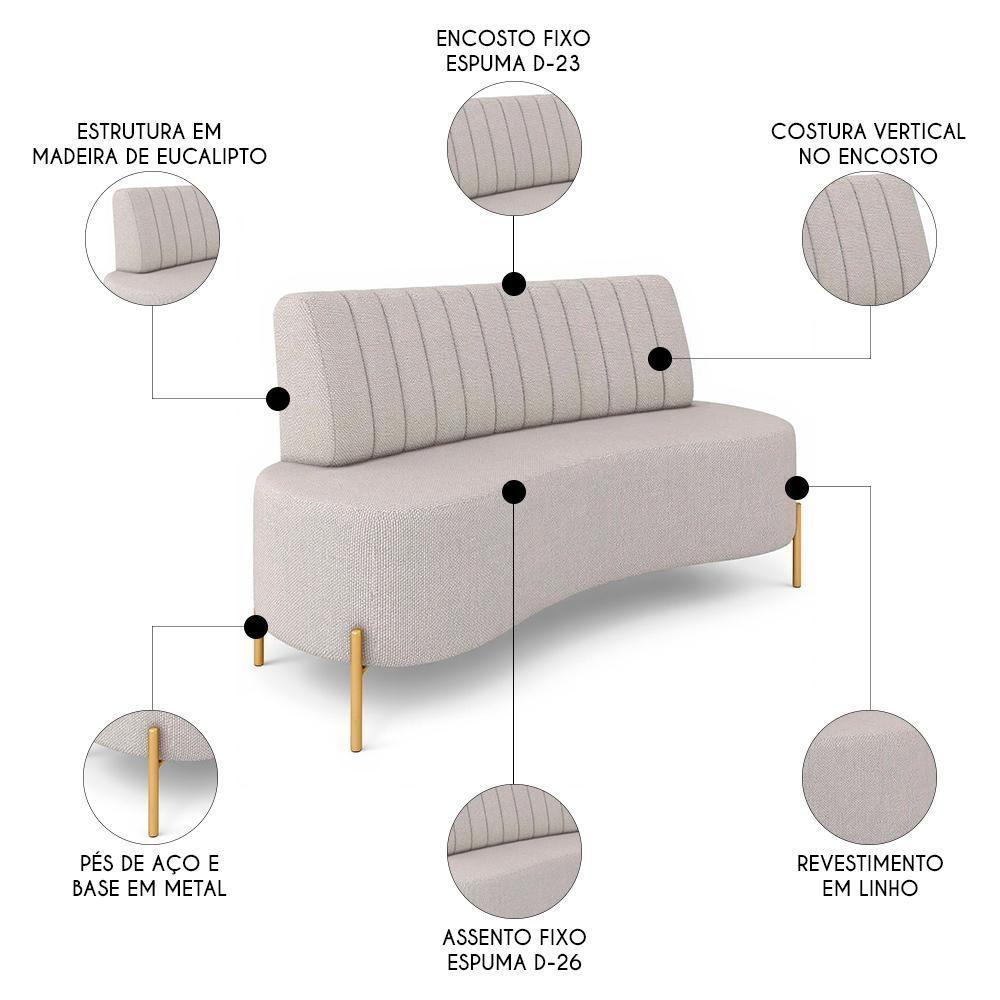 Sofá 2 Lugares 160cm Pés Aço Dourado Tamar Linho Areia Z08 - Mpozenato - 3