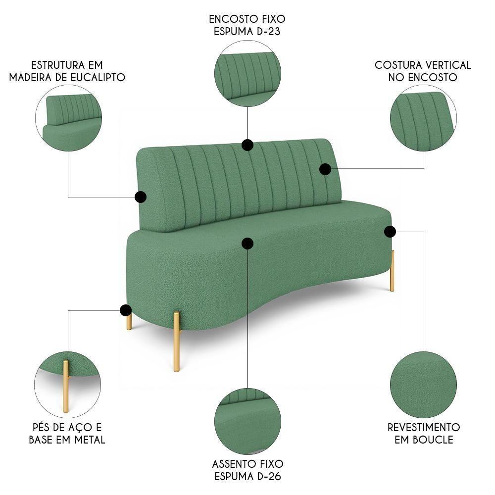 Sofá 2 Lugares 135cm Pés Aço Dourado Tamar Boucle Verde Z08 - Mpozenato - 3