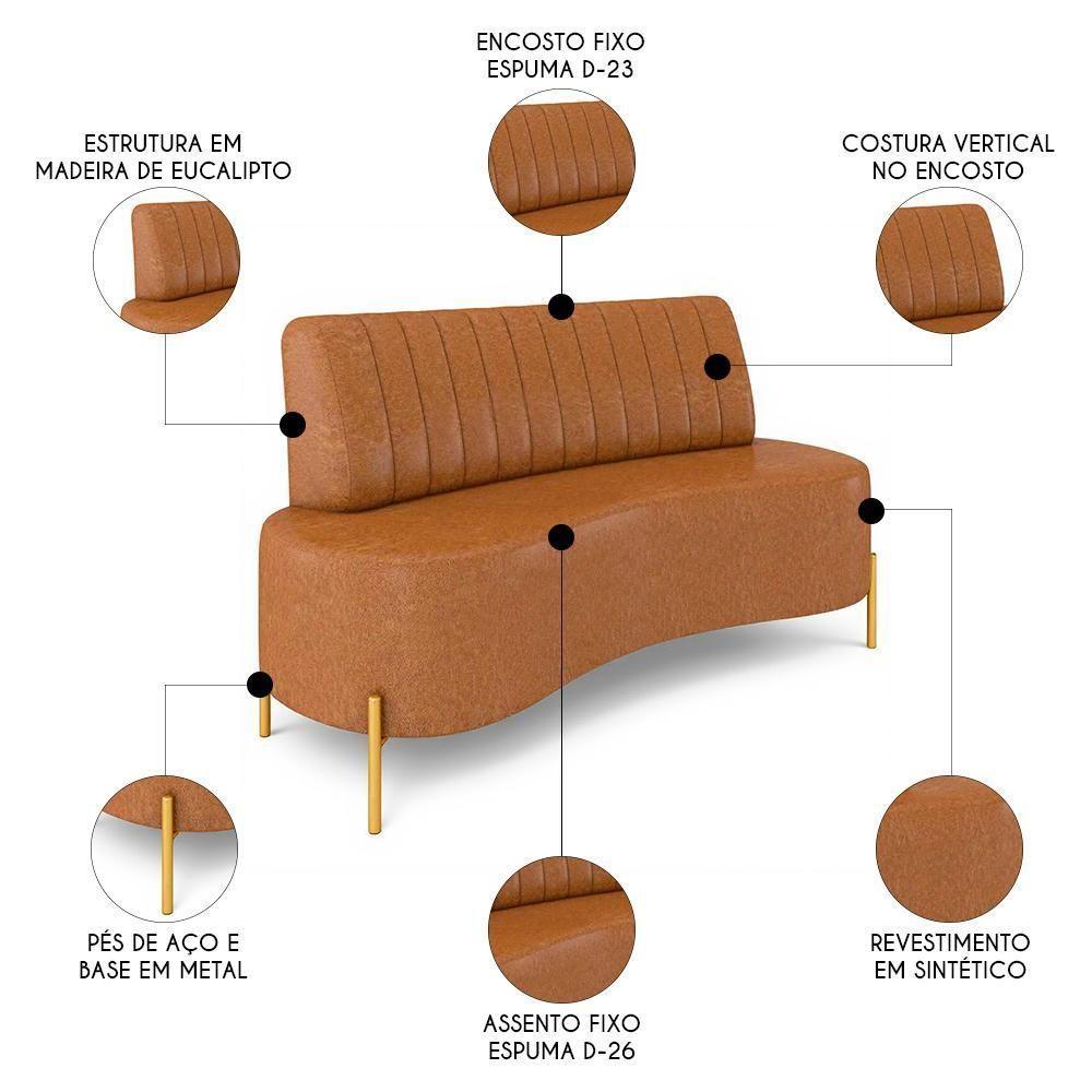 Sofá 2 Lugares 160cm Pés Aço Dourado Tamar Sintético Camel Z08 - Mpozenato - 6