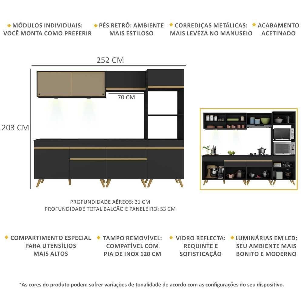 Cozinha Completa 5 Peças Com Leds Mp2037 Veneza Up Multimóveis Preta - 6