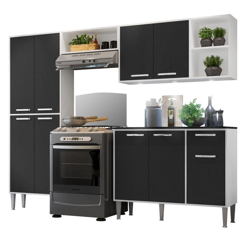 Cozinha Compacta C/ 3 Leds 4 Pçs Xangai Multimóveis V3415 Branca/Preta Branco/Preto - 1