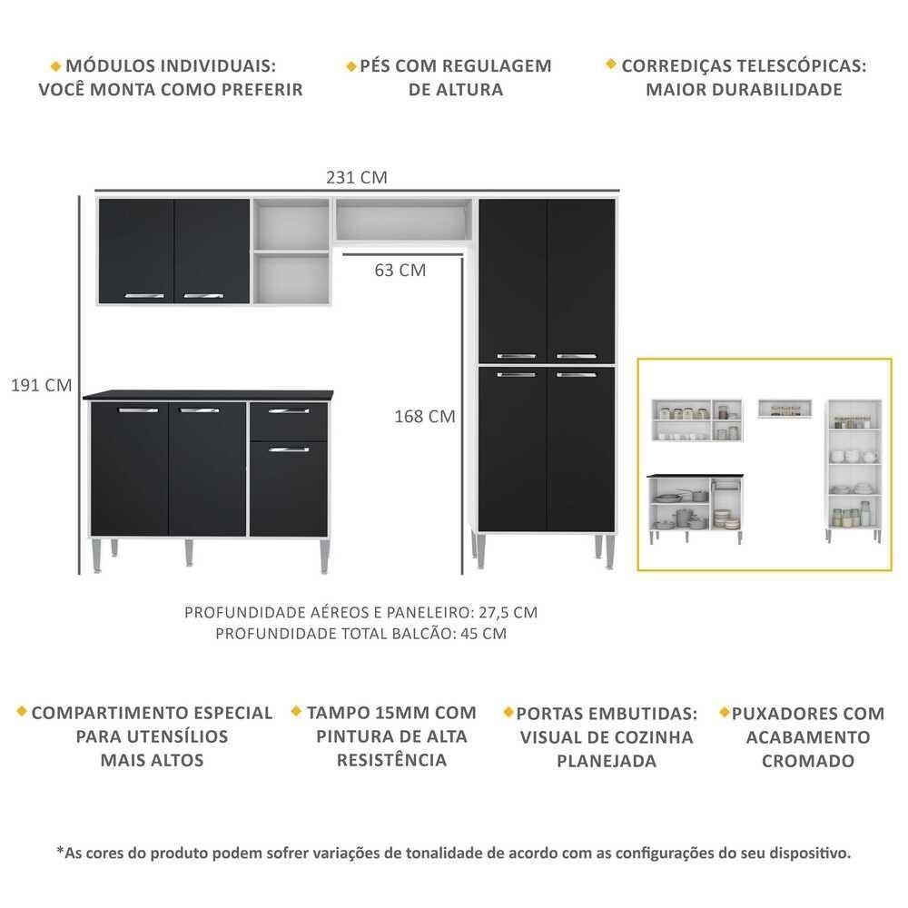 Cozinha Compacta Com Armário E Balcão Xangai Multimóveis Vm2840 Branca/Preta Branco/Preto - 6