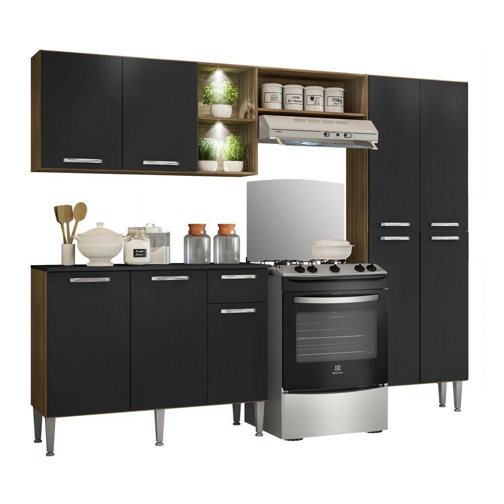 Cozinha Compacta C/ 2 Leds 3 Pçs Pequim Multimóveis V3412 Nogueira/Preta Nogueira/Preto - 1