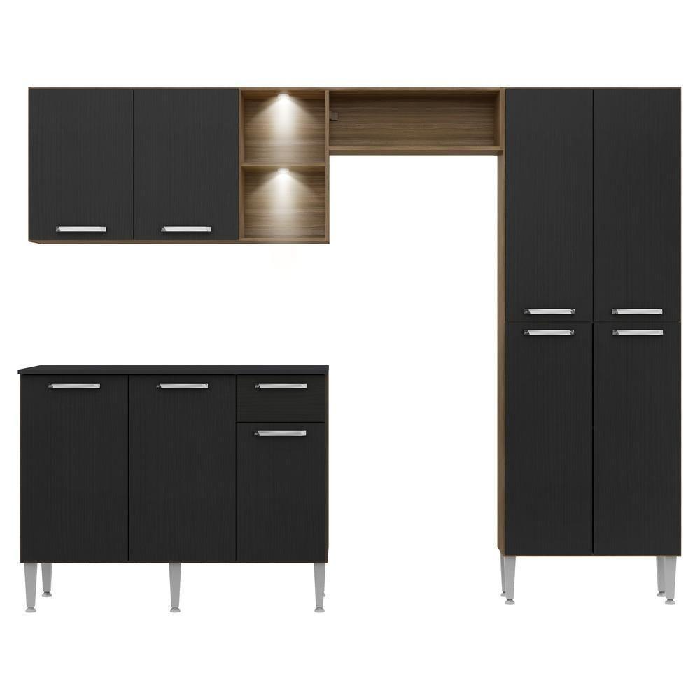 Cozinha Compacta C/ 2 Leds 3 Pçs Pequim Multimóveis V3412 Nogueira/Preta Nogueira/Preto - 2