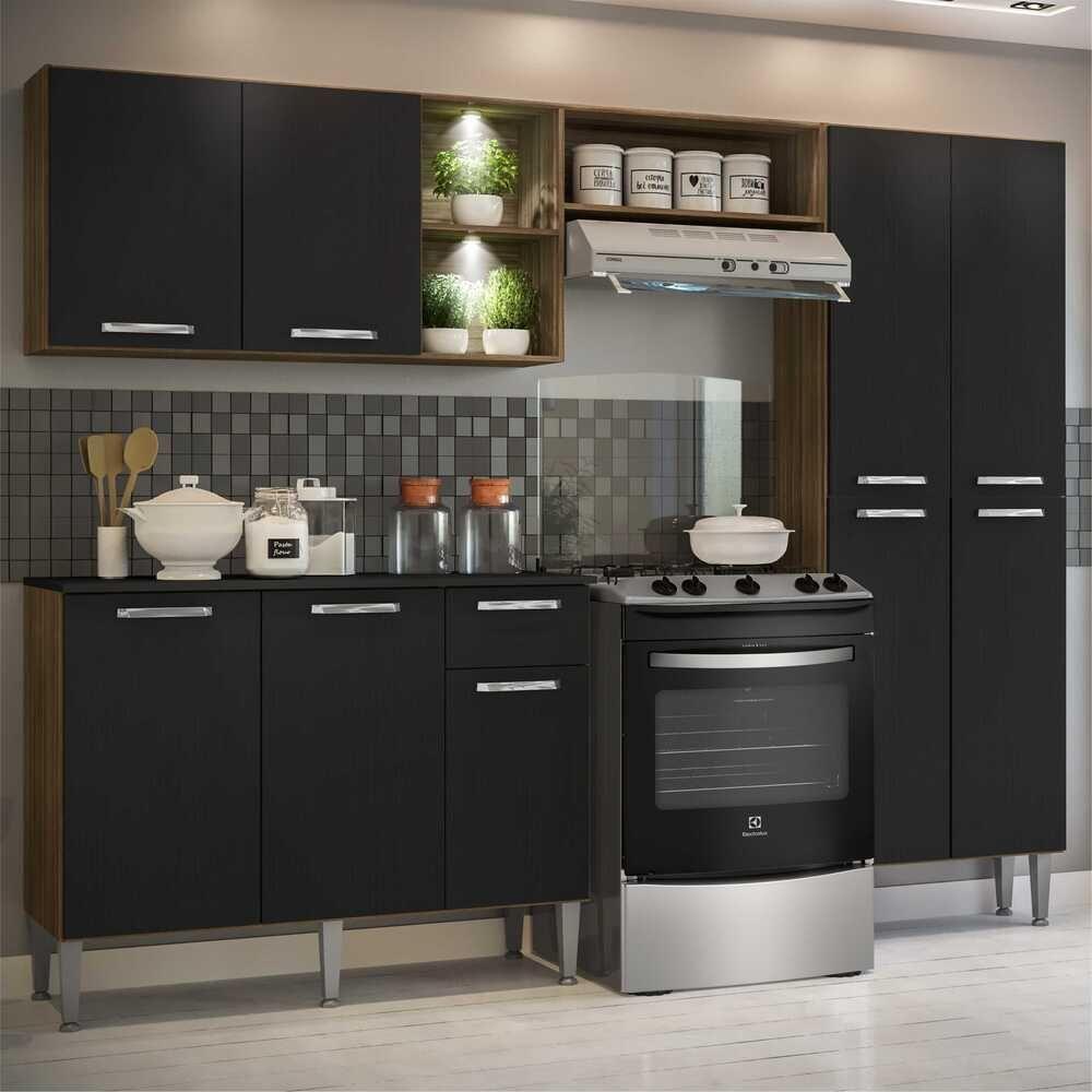 Cozinha Compacta C/ 2 Leds 3 Pçs Pequim Multimóveis V3412 Nogueira/Preta Nogueira/Preto - 6