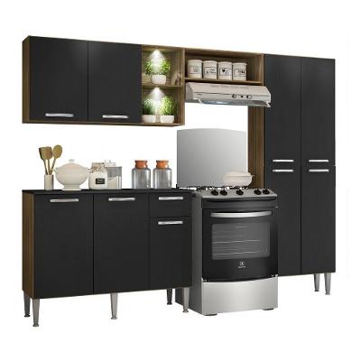 Cozinha Compacta Pequim 9 Portas 1 Gaveta MDF 228cm Marrom com Preto com Nicho para Forno