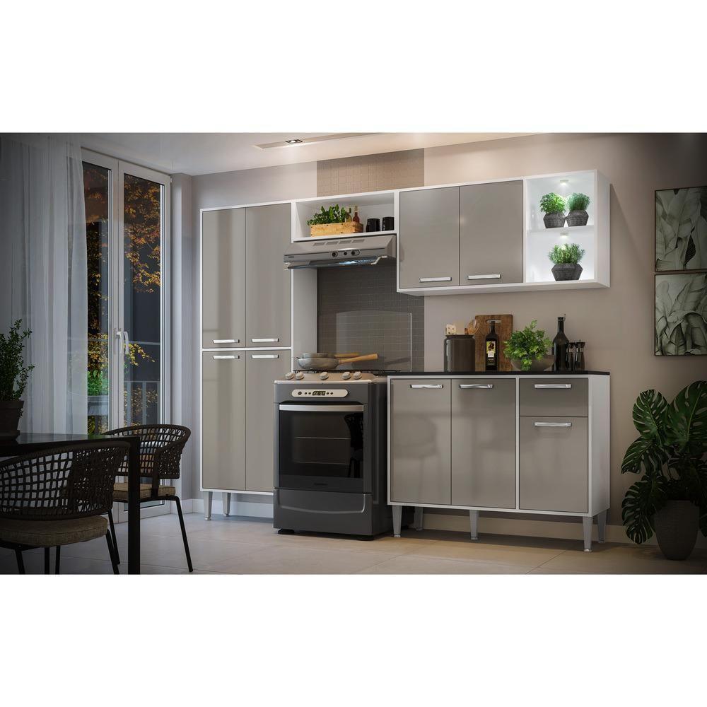Cozinha Compacta C/ 2 Leds 4 Pçs Xangai Multimóveis V3414 Branca/Lacca Fumê Branco/Lacca Fumê - 2