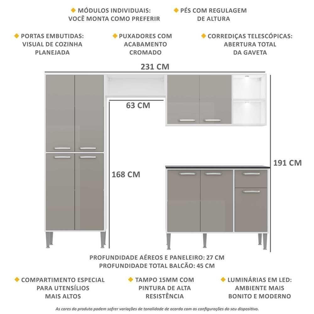 Cozinha Compacta C/ 2 Leds 4 Pçs Xangai Multimóveis V3414 Branca/Lacca Fumê Branco/Lacca Fumê - 6