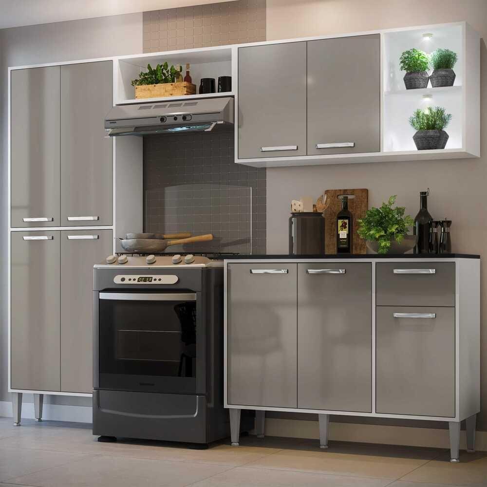 Cozinha Compacta C/ 2 Leds 4 Pçs Xangai Multimóveis V3414 Branca/Lacca Fumê Branco/Lacca Fumê - 7