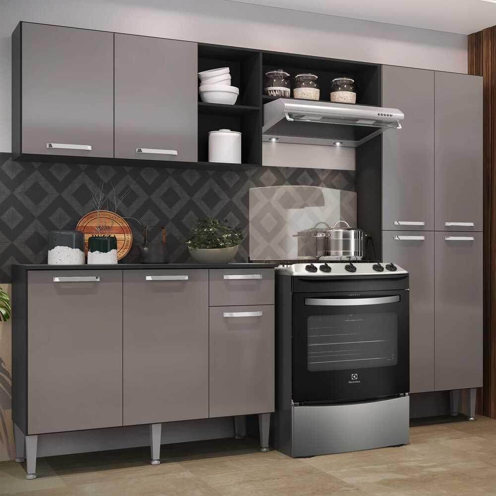 Cozinha Compacta Com Armário E Balcão Pequim Up Multimóveis V2999 Preta/Lacca Fumê Preto/Lacca Fumê - 7