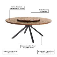 Mesa Redonda Tetra Tampo Giratório Em Madeira Maciça Com Base De Metal Preto Para Sala Jantar 1,60m - 2