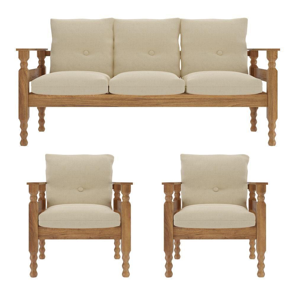 Jogo Sofá Madeira Maciça 3 Lugares E 2 Poltronas Liz Multimóveis Cr7001.t62 Imbuia/bege - 2