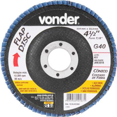 Flap Disc 4.1-2 G40 Costado Fibra Cônico Inox Vonder