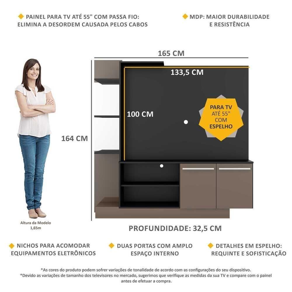 Estante Tv 55" Com Espelho Denver Multimóveis V3148 Preta/Lacca Fumê Preto/Lacca Fumê - 6