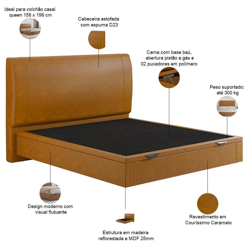 Cama Queen Baú Flutuante Com Cabeceira 160cm Spazio S04 Couríssimo Caramelo - Lyam Decor - 4