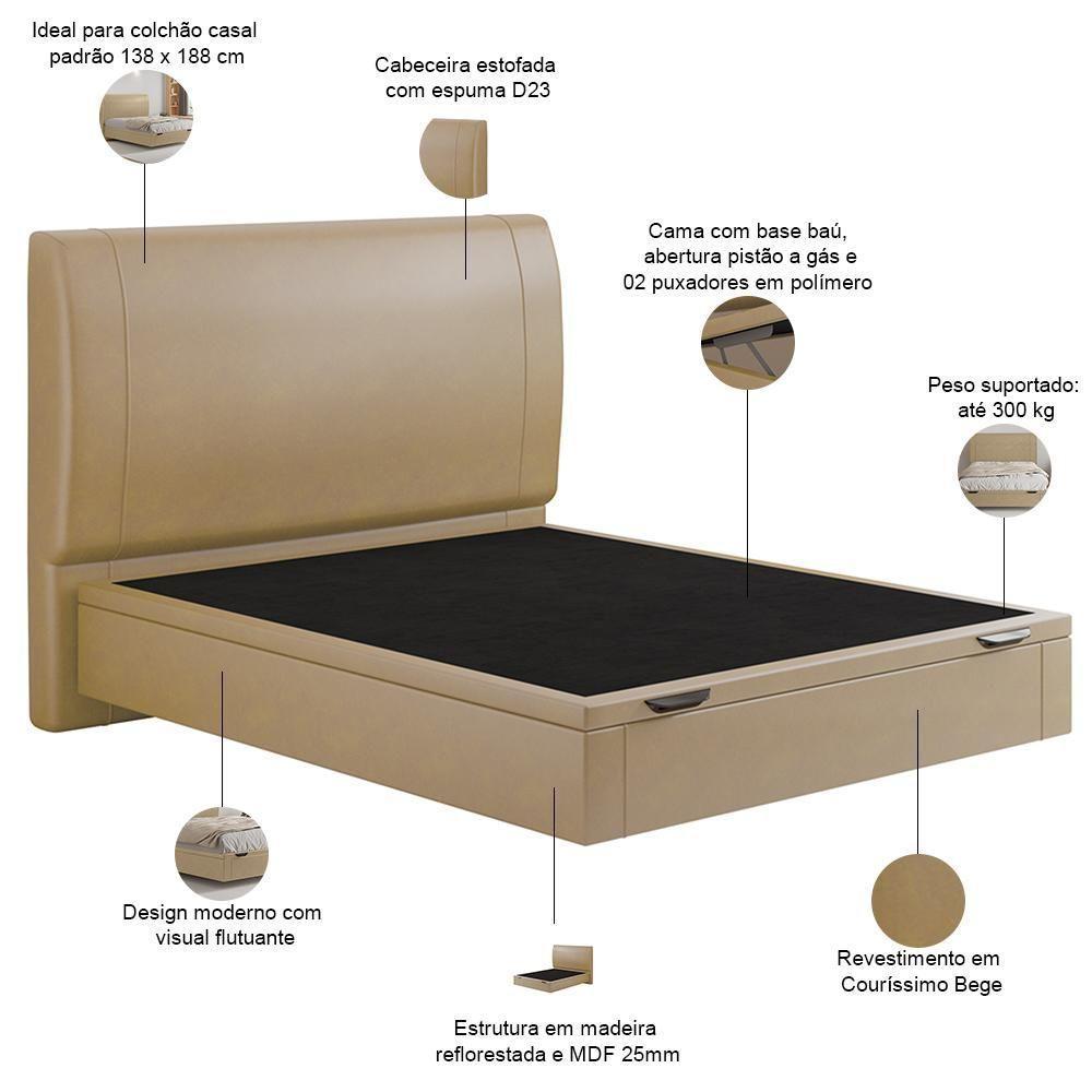 Cama Casal Baú Flutuante Com Cabeceira 140cm Spazio S04 Couríssimo Bege - Lyam Decor - 4