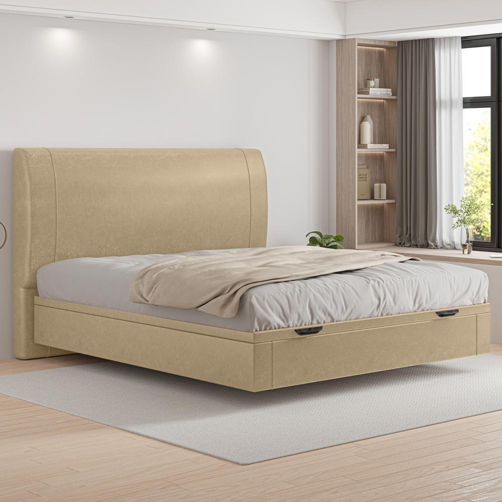 Cama Queen Baú Flutuante Com Cabeceira 160cm Spazio S04 Couríssimo Bege - Lyam Decor - 2