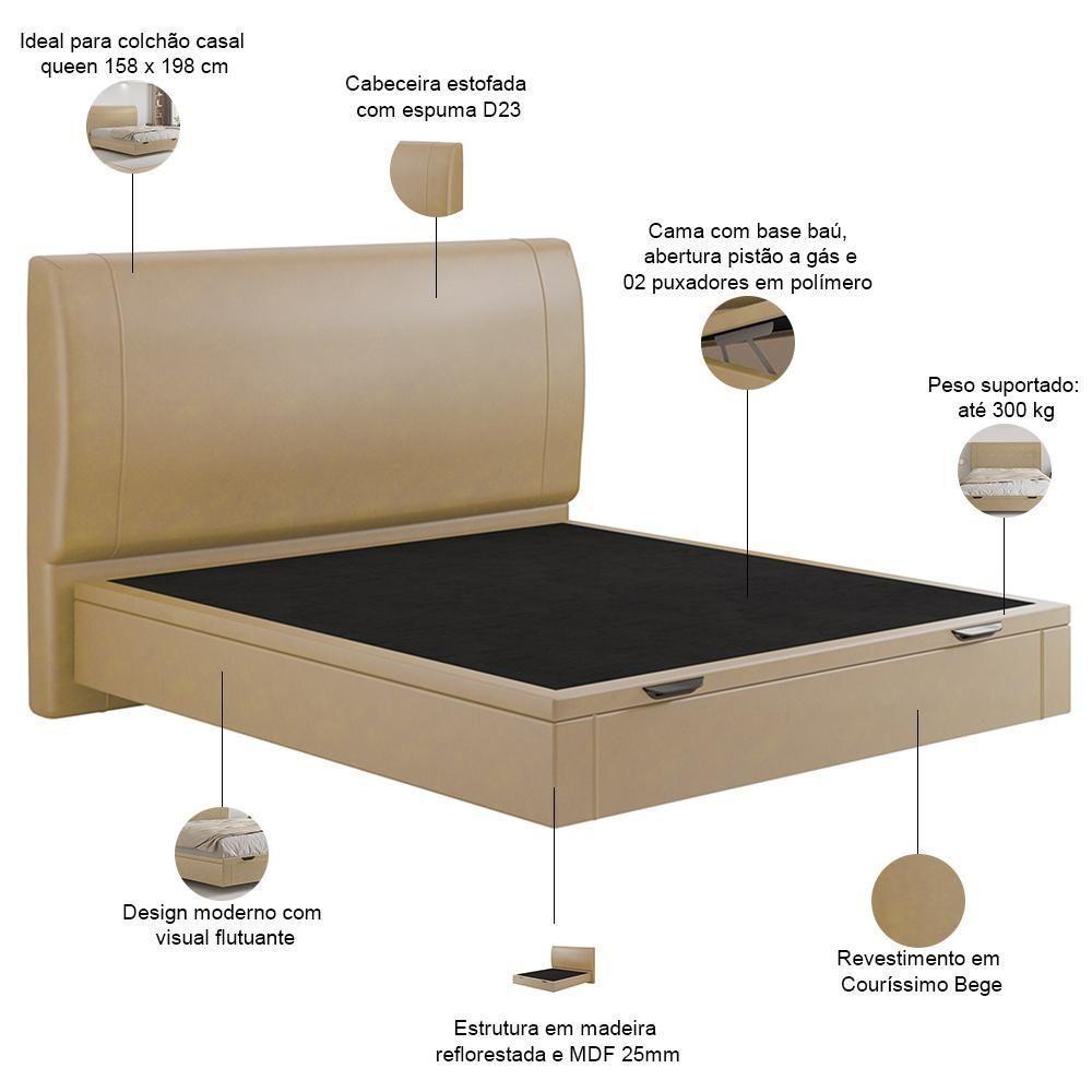 Cama Queen Baú Flutuante Com Cabeceira 160cm Spazio S04 Couríssimo Bege - Lyam Decor - 4