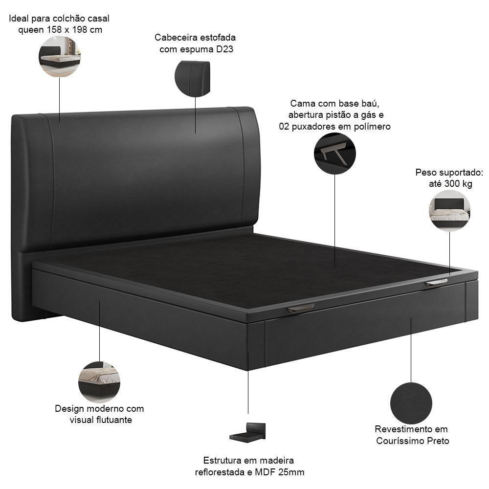 Cama Queen Baú Flutuante Com Cabeceira 160cm Spazio S04 Couríssimo Preto - Lyam Decor - 4