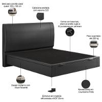 Cama Queen Baú Flutuante Com Cabeceira 160cm Spazio S04 Couríssimo Preto - Lyam Decor