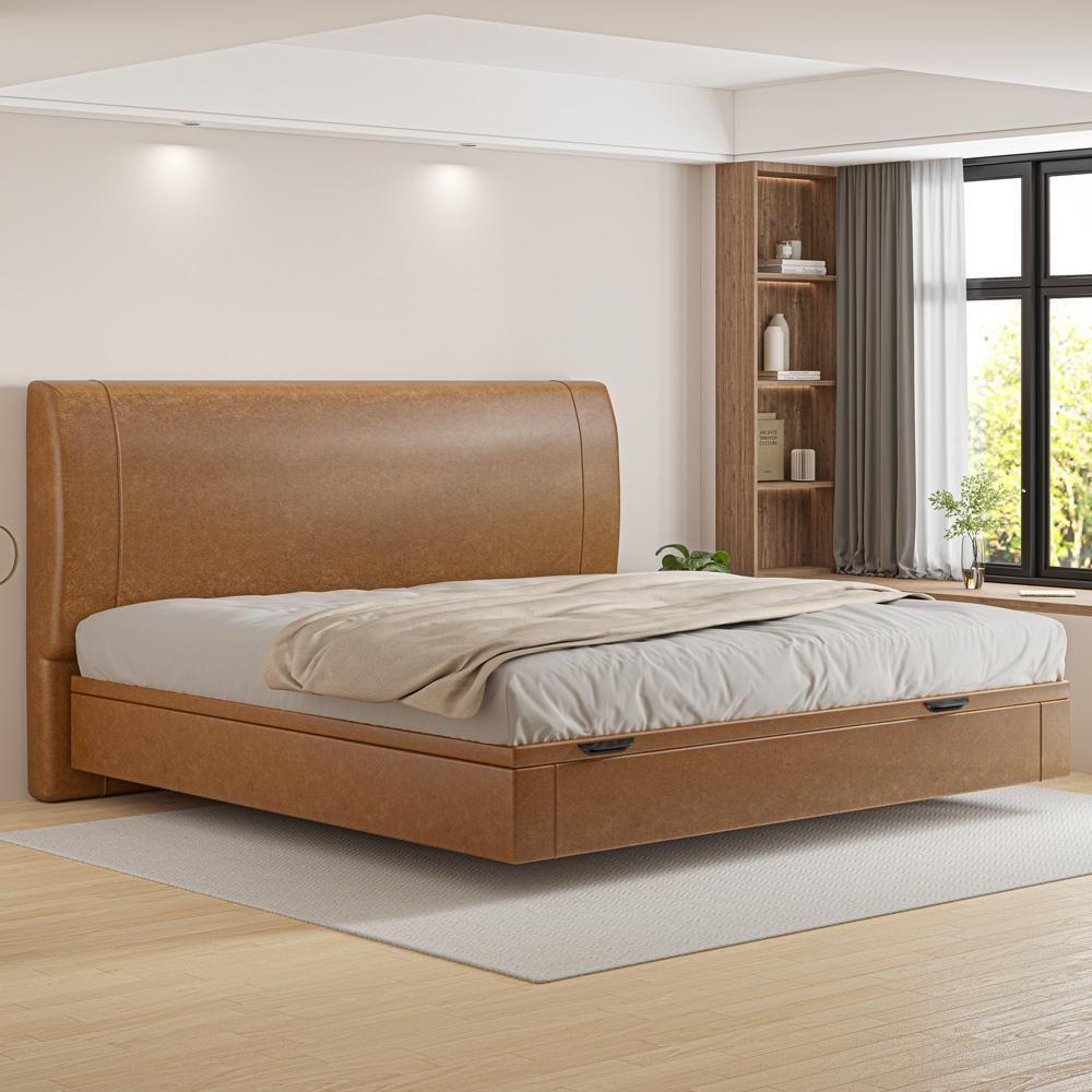 Cama King Baú Flutuante Com Cabeceira 195cm Spazio S04 Couríssimo Caramelo - Lyam Decor - 2