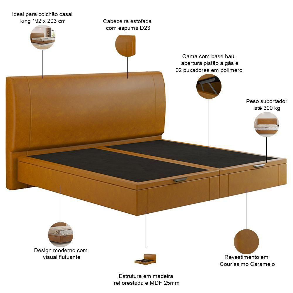 Cama King Baú Flutuante Com Cabeceira 195cm Spazio S04 Couríssimo Caramelo - Lyam Decor - 4