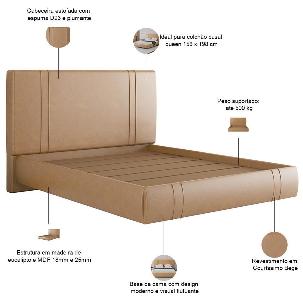 Cama Queen Flutuante Com Cabeceira 160cm Astra S04 Couríssimo Bege - Lyam Decor - 3