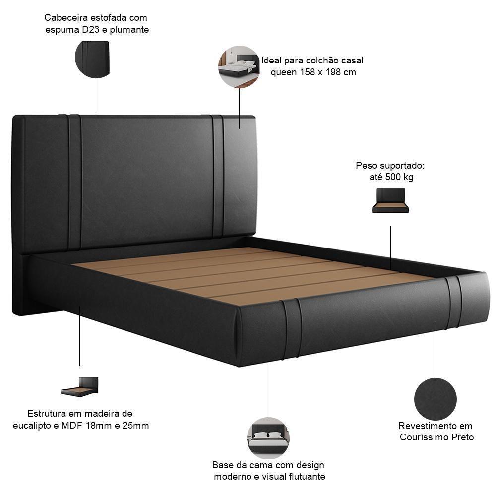 Cama Queen Flutuante Com Cabeceira 160cm Astra S04 Couríssimo Preto - Lyam Decor - 4