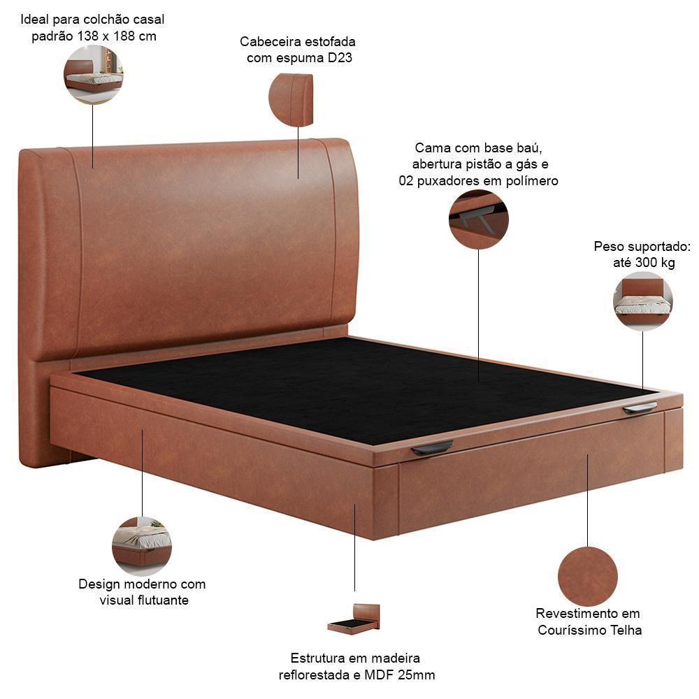 Cama Casal Baú Flutuante Com Cabeceira 140cm Spazio S04 Couríssimo Telha - Lyam Decor - 4