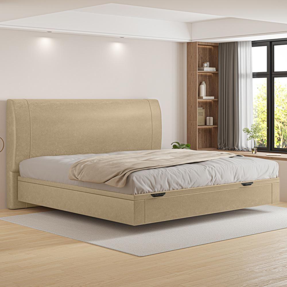 Cama King Baú Flutuante Com Cabeceira 195cm Spazio S04 Couríssimo Bege - Lyam Decor - 2