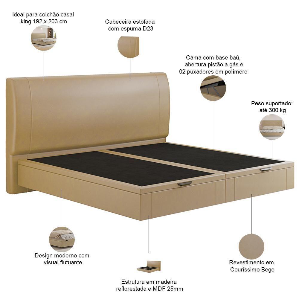 Cama King Baú Flutuante Com Cabeceira 195cm Spazio S04 Couríssimo Bege - Lyam Decor - 4