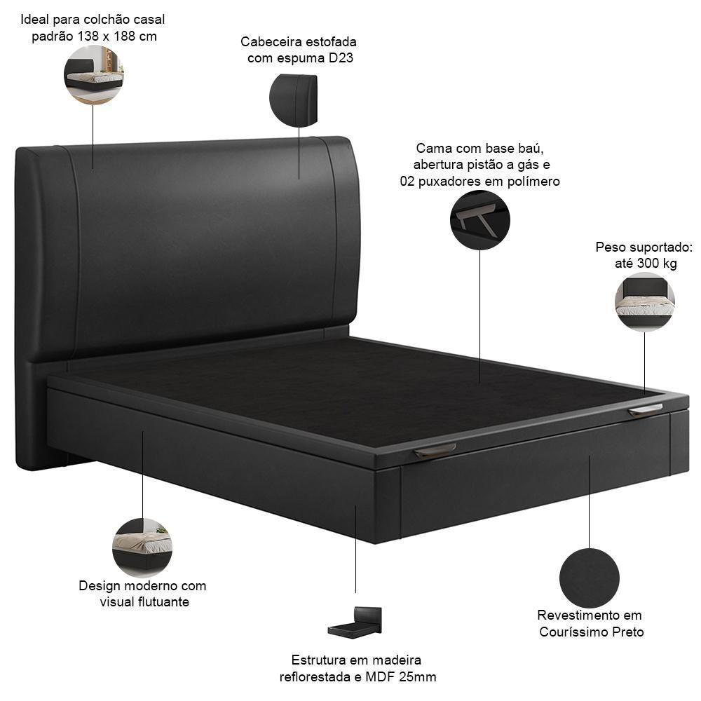 Cama Casal Baú Flutuante Com Cabeceira 140cm Spazio S04 Couríssimo Preto - Lyam Decor - 2