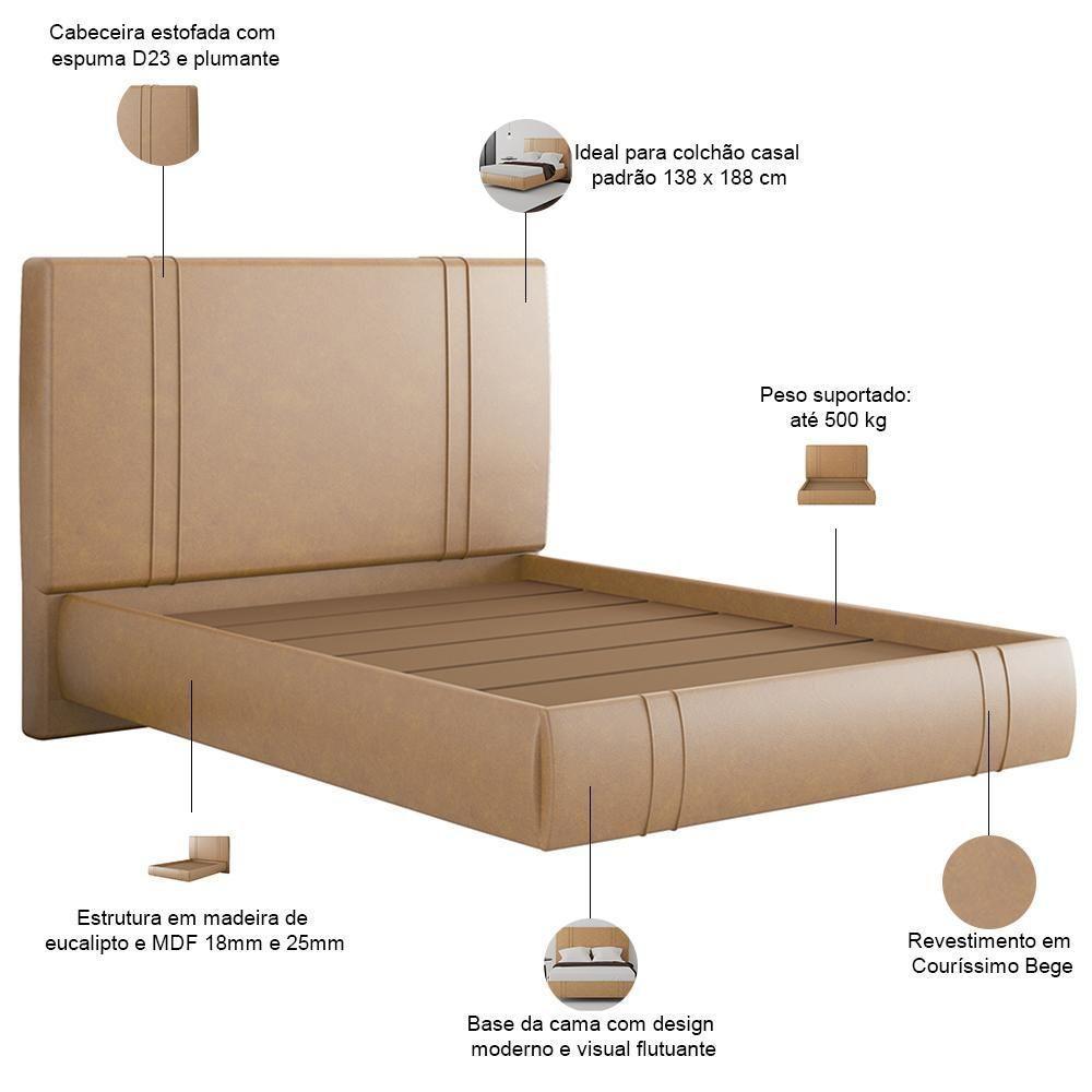 Cama Casal Flutuante Com Cabeceira 140cm Astra S04 Couríssimo Bege - Lyam Decor - 4