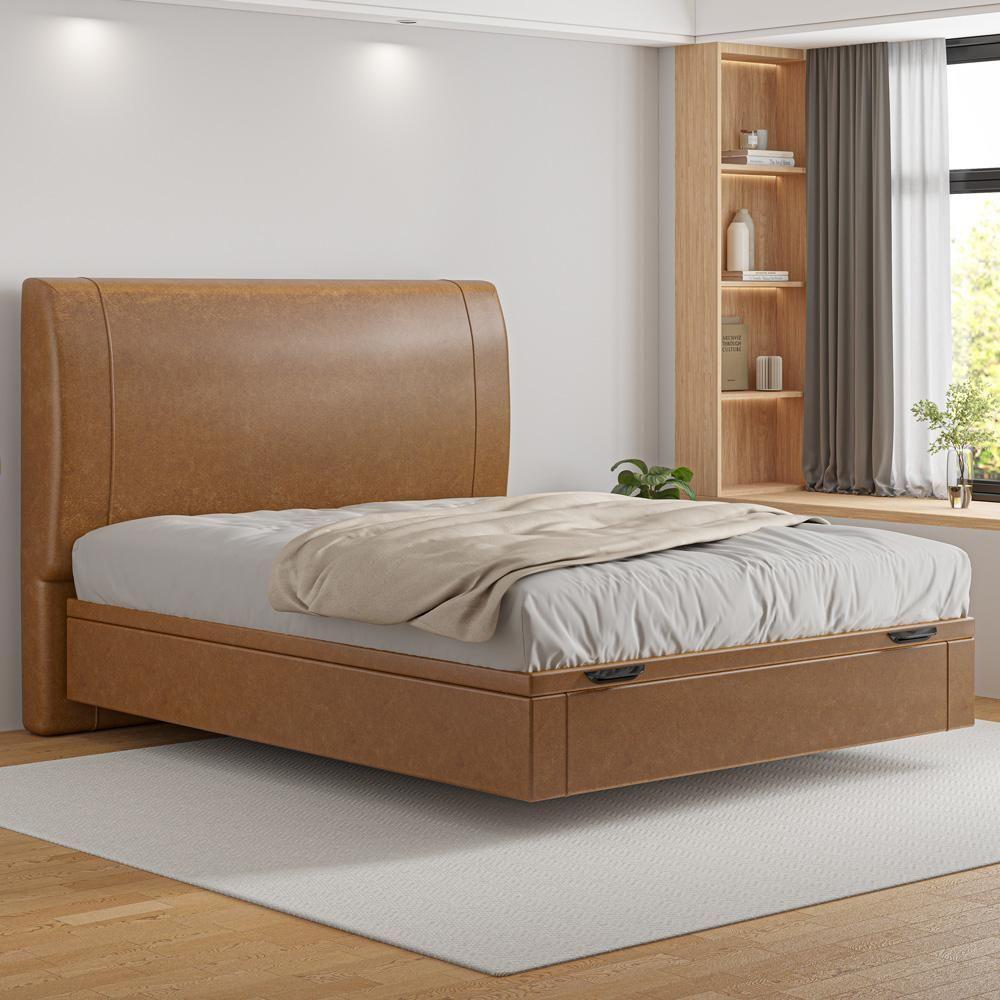 Cama Casal Baú Flutuante Com Cabeceira 140cm Spazio S04 Couríssimo Caramelo - Lyam Decor - 2