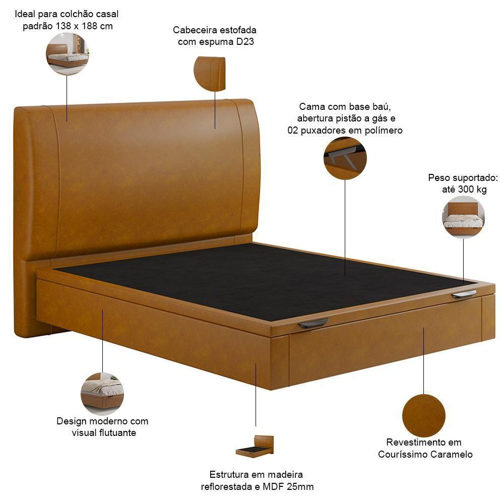 Cama Casal Baú Flutuante Com Cabeceira 140cm Spazio S04 Couríssimo Caramelo - Lyam Decor - 4